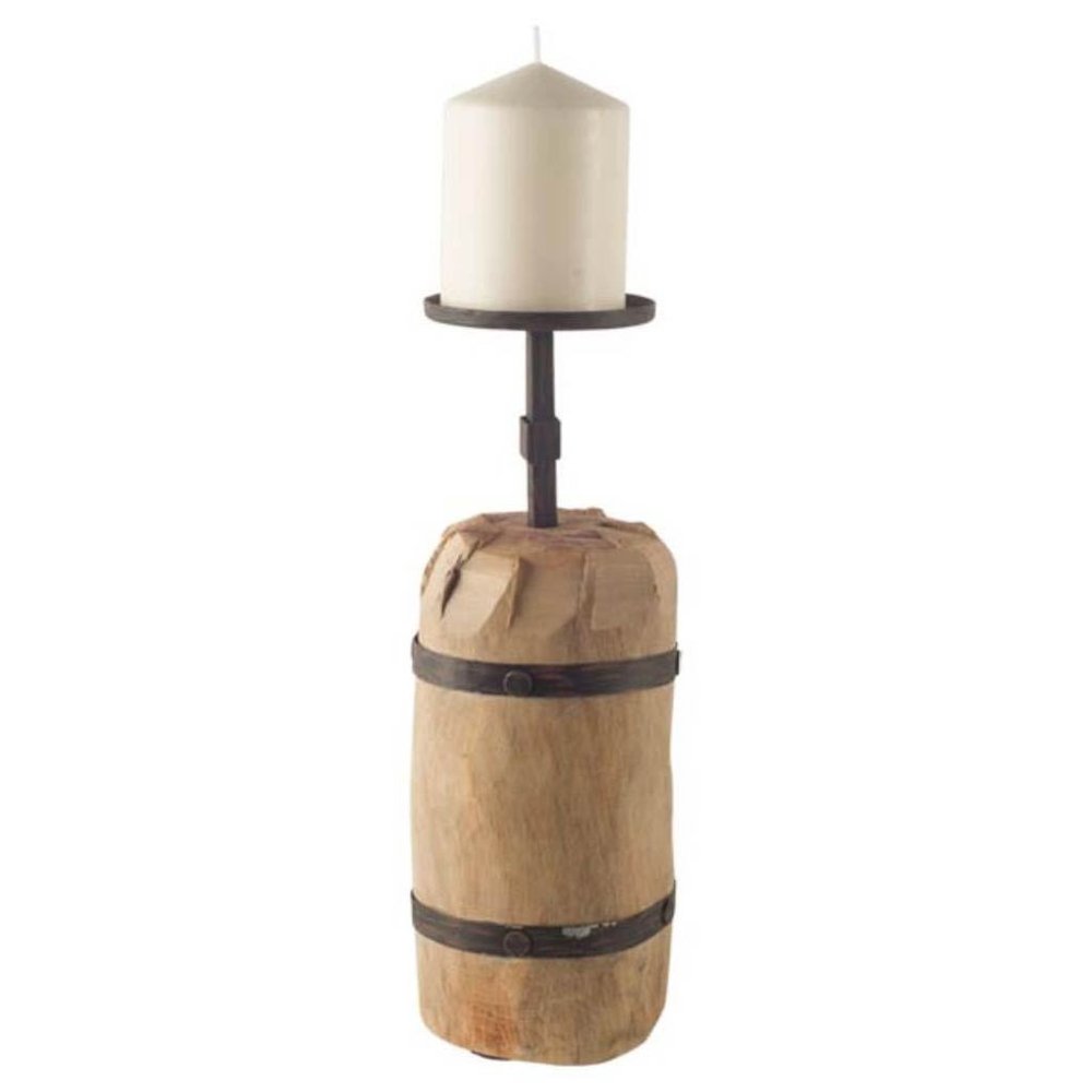 16" Brown Distressed Abstract Solid Wood Tabletop Pillar Candle Holder. Candle holder isolated on a plain white background, showing a brown wood surface.