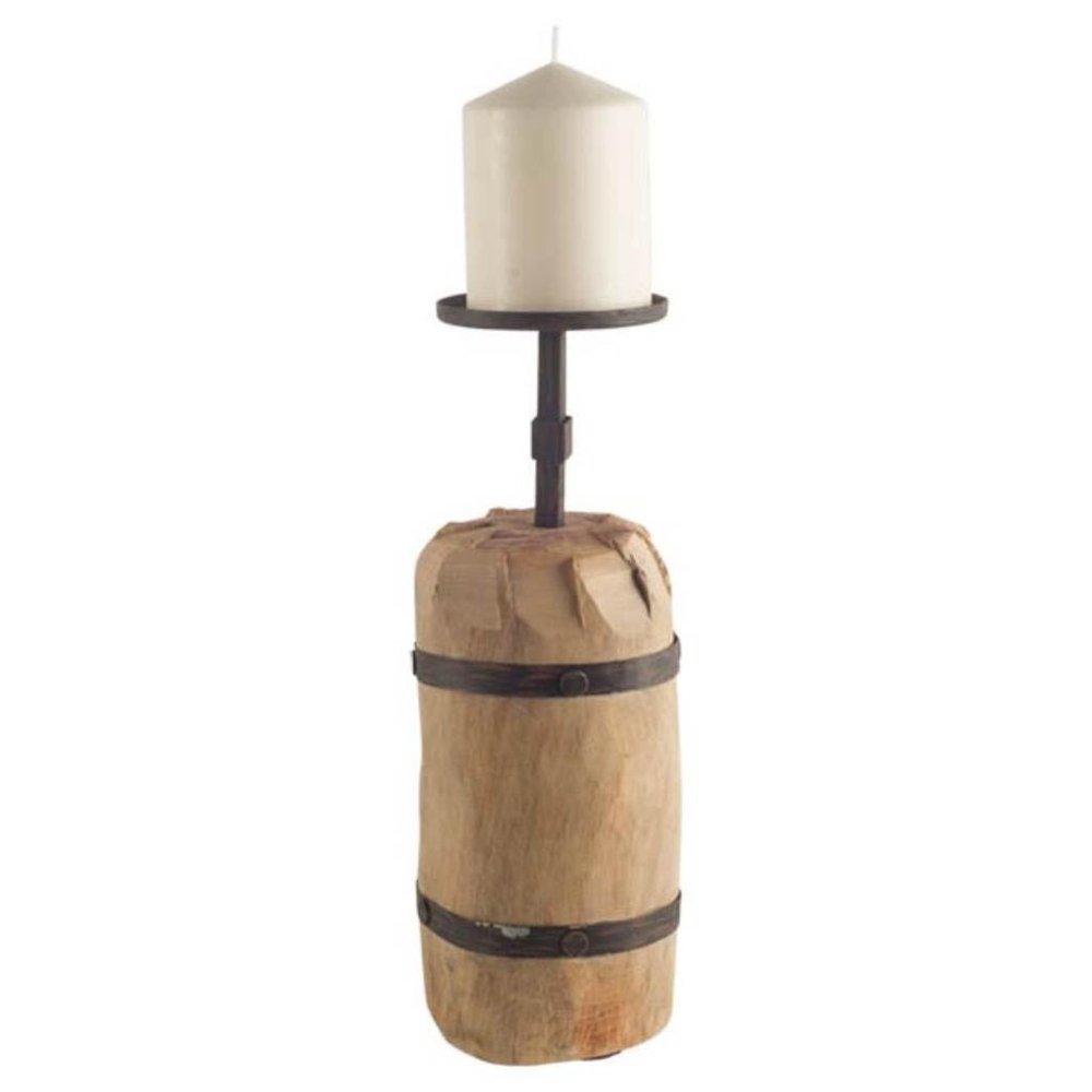 16" Brown Distressed Abstract Solid Wood Tabletop Pillar Candle Holder. Candle holder isolated on a plain white background, showing a brown wood surface.