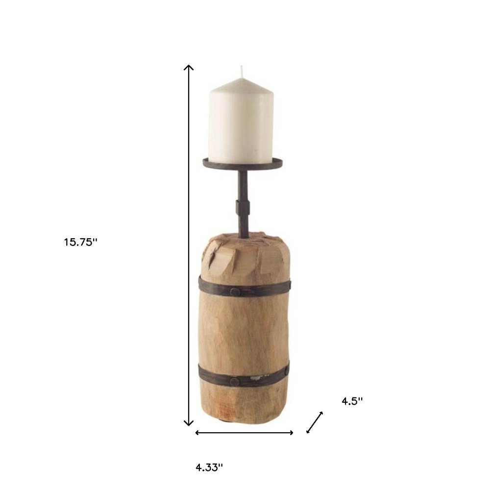 16" Brown Distressed Abstract Solid Wood Tabletop Pillar Candle Holder. Candle holder isolated on a plain white background, in a brown wood finish.