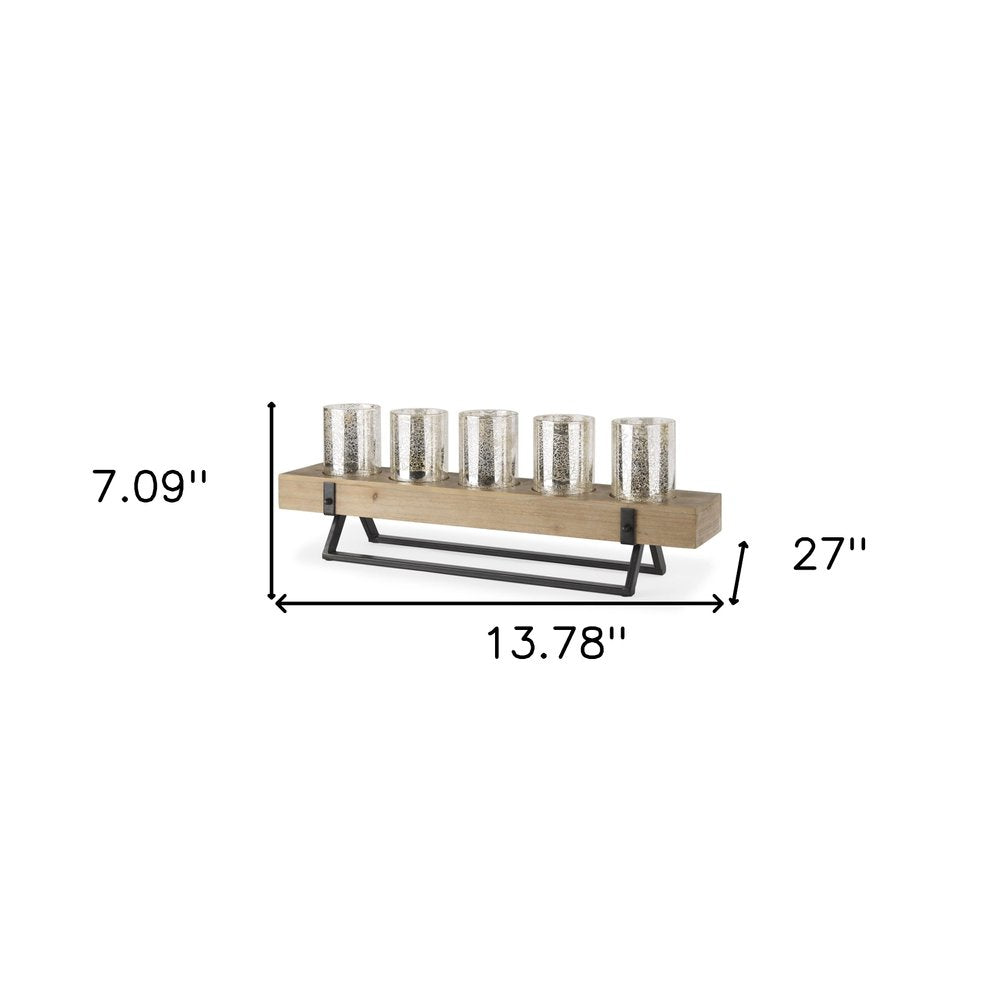 7" Black And Brown Distressed Mirrored Solid Wood Metal And Glass Tabletop Votive Candle Holder