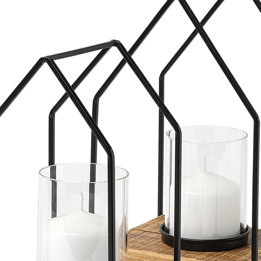 Set of Two Black And Brown Distressed Geometric Metal Tabletop Lantern Candle Holders on a white background