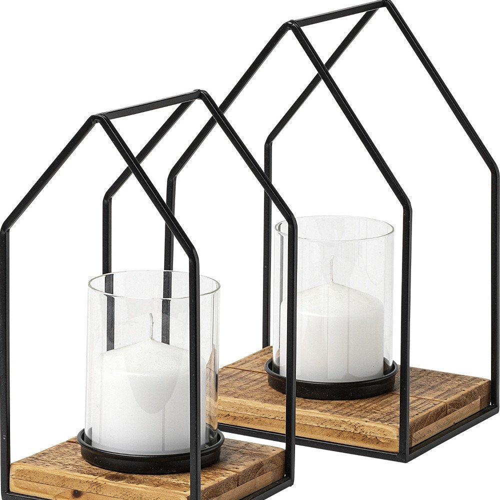 Set of Two Black And Brown Distressed Geometric Metal Tabletop Lantern Candle Holders on a white background