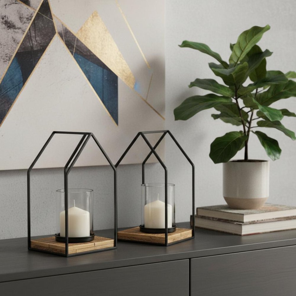 Set of Two Black And Brown Distressed Geometric Metal Tabletop Lantern Candle Holders in a home interior