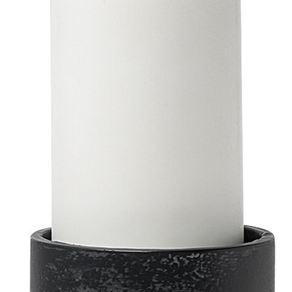 Set of Two Black Distressed Metal Tabletop Pillar Candle Holders on a white background