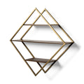 Diamond-shaped wall shelf with antiqued brass metal frame and three brown solid wood shelves against a white background.