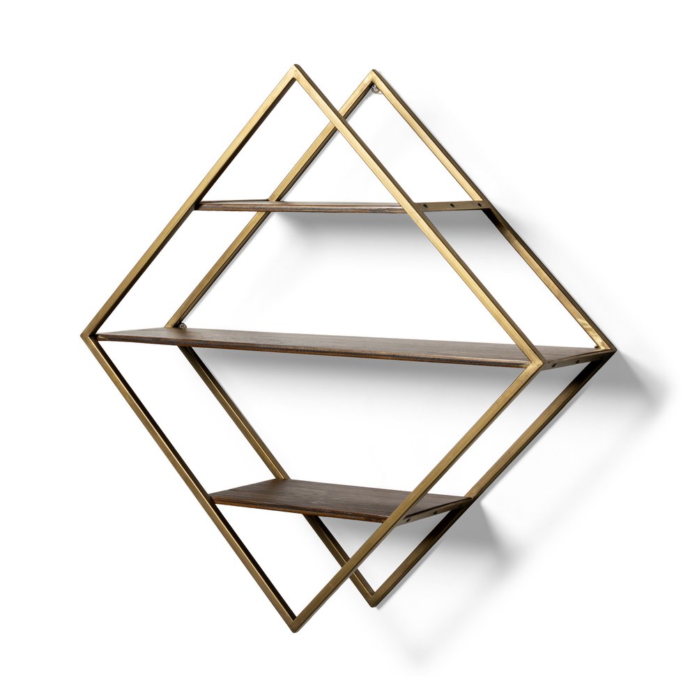Diamond-shaped wall shelf with antiqued brass metal frame and three brown solid wood shelves against a white background.
