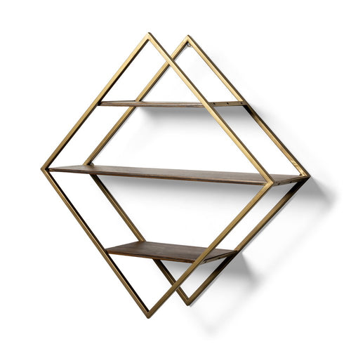 Diamond-shaped wall shelf with antiqued brass metal frame and three brown solid wood shelves against a white background.