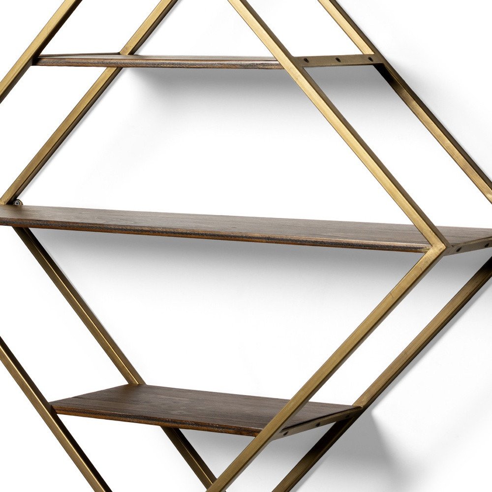 30" Antiqued Brass And Brown Metal And Solid Wood Diamond Shaped Accent Shelf. Wall mounted shelve isolated on a plain white background, showing a dark brown wood surface.