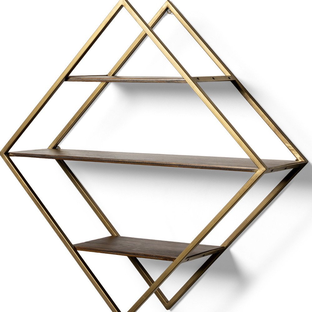 30" Antiqued Brass And Brown Metal And Solid Wood Diamond Shaped Accent Shelf. Wall mounted shelve isolated on a plain white background, finished in dark brown wood.