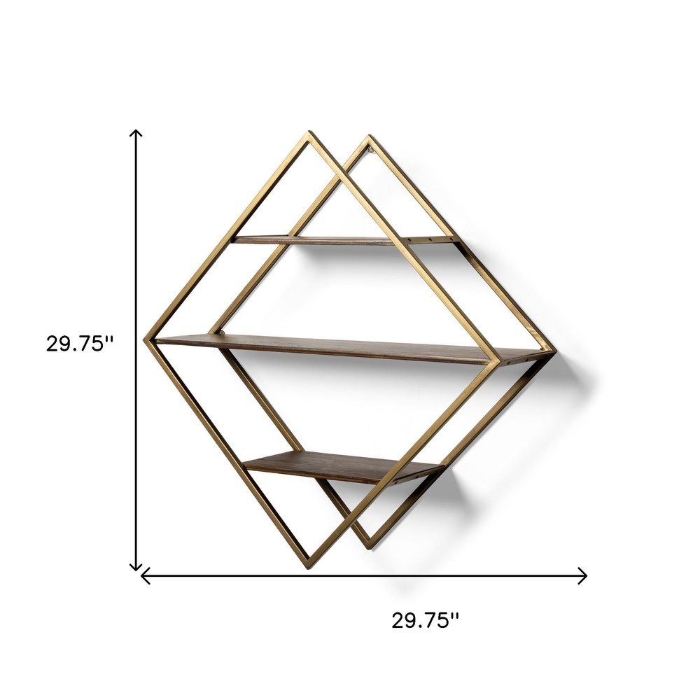 30" Antiqued Brass And Brown Metal And Solid Wood Diamond Shaped Accent Shelf. Wall mounted shelve isolated on a plain white background, showing a brown wood surface.