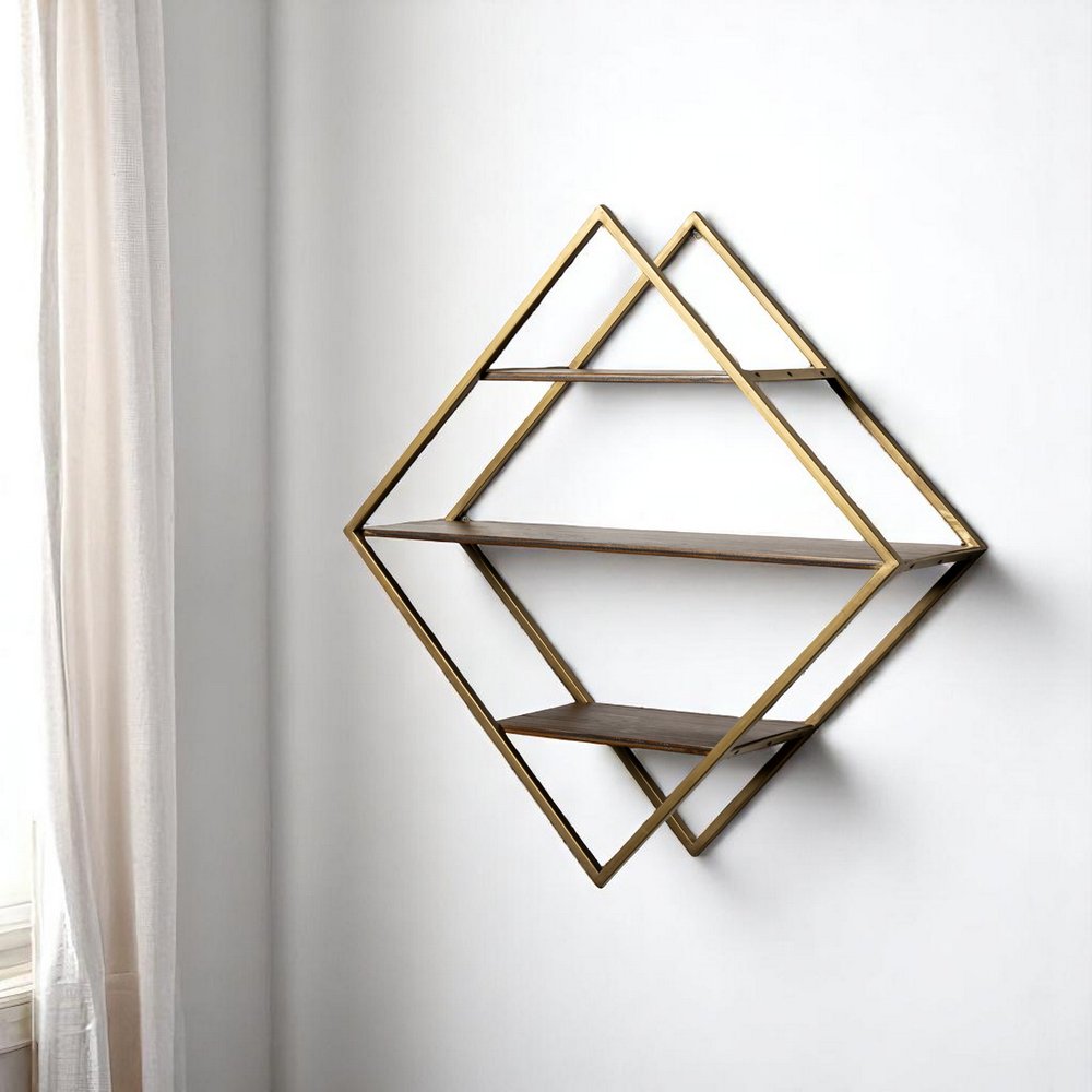 30" Antiqued Brass And Brown Metal And Solid Wood Diamond Shaped Accent Shelf. Wall mounted shelve isolated on a plain white background, showing a wood surface.