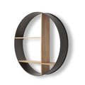 36" Black And Brown Metal And Wood Circular Multi Tier Shelf. Wall mounted shelve isolated on a plain white background, in a black wood finish.