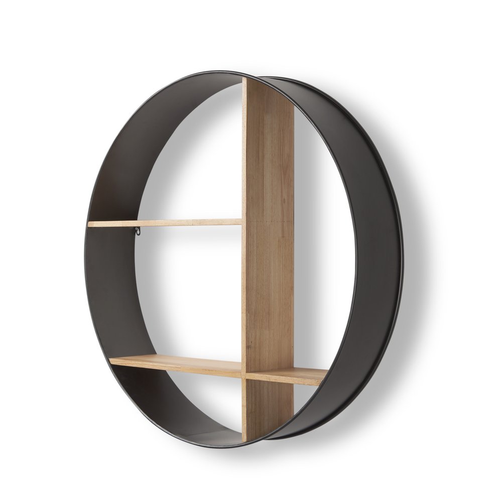 36" Black And Brown Metal And Wood Circular Multi Tier Shelf. Wall mounted shelve isolated on a plain white background, in a black wood finish.