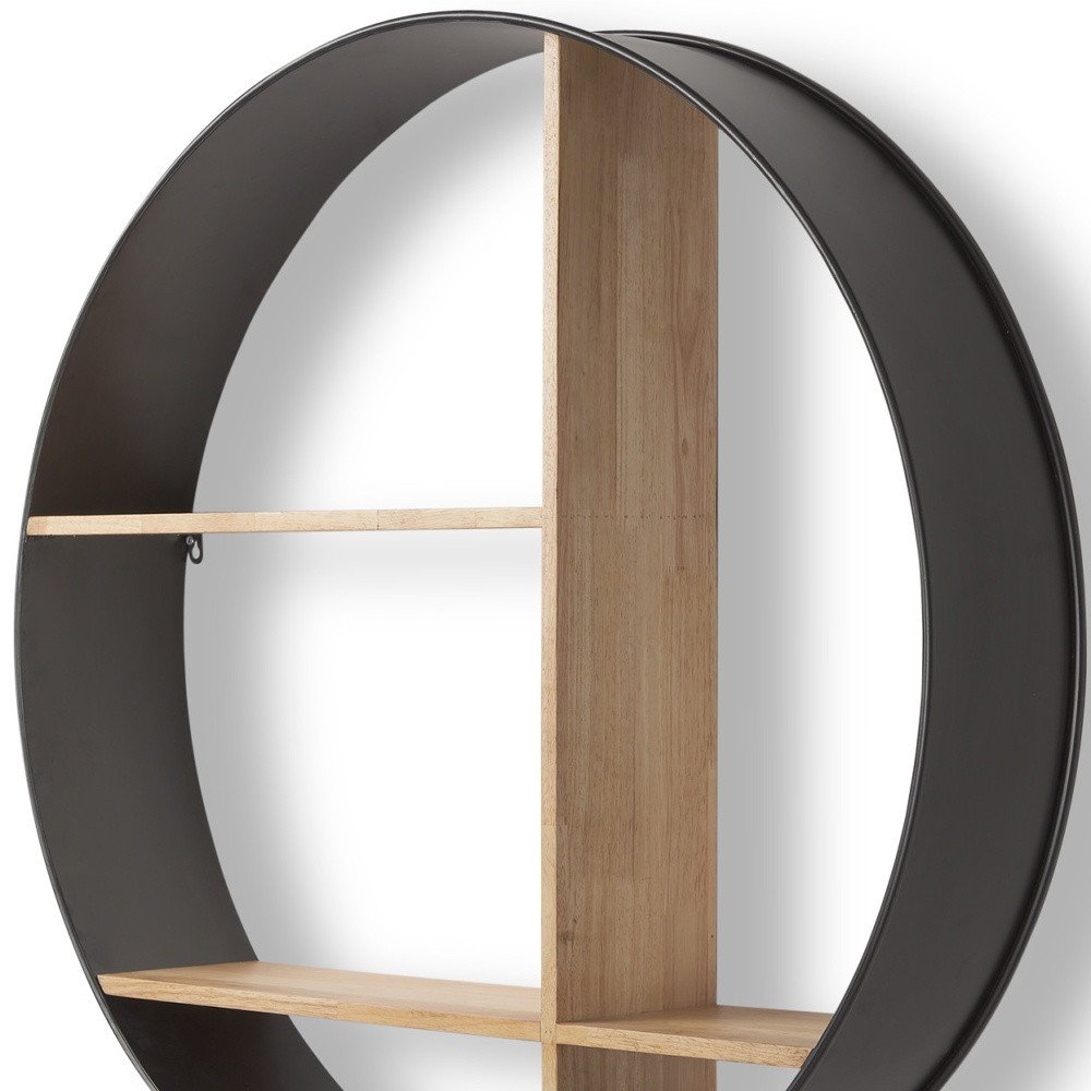 36" Black And Brown Metal And Wood Circular Multi Tier Shelf. Wall mounted shelve in black wood.