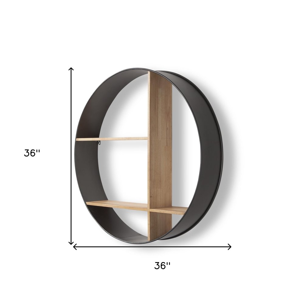 36" Black And Brown Metal And Wood Circular Multi Tier Shelf. Wall mounted shelve isolated on a plain white background, finished in black wood.