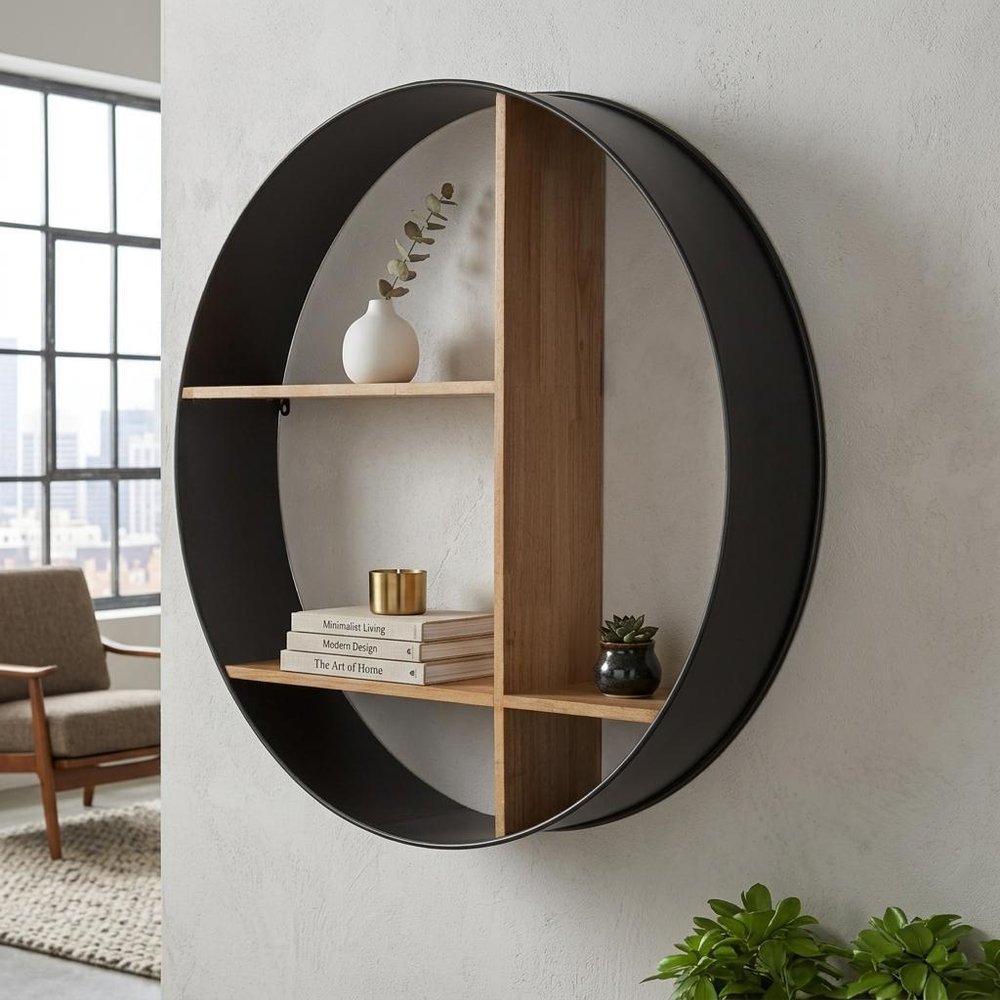 36" Black And Brown Metal And Wood Circular Multi Tier Shelf styled in a furnished interior with a light gray wall on a tiled floor.