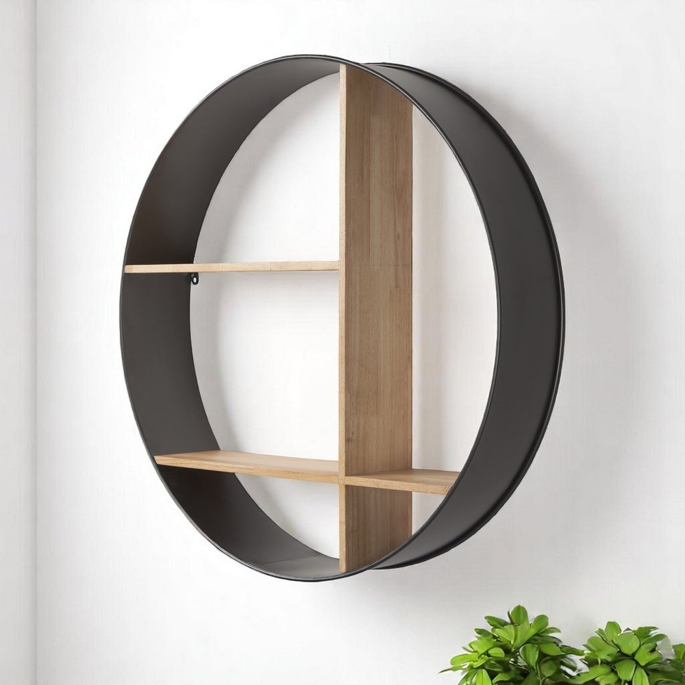 36" Black And Brown Metal And Wood Circular Multi Tier Shelf. Wall mounted shelve in black wood.