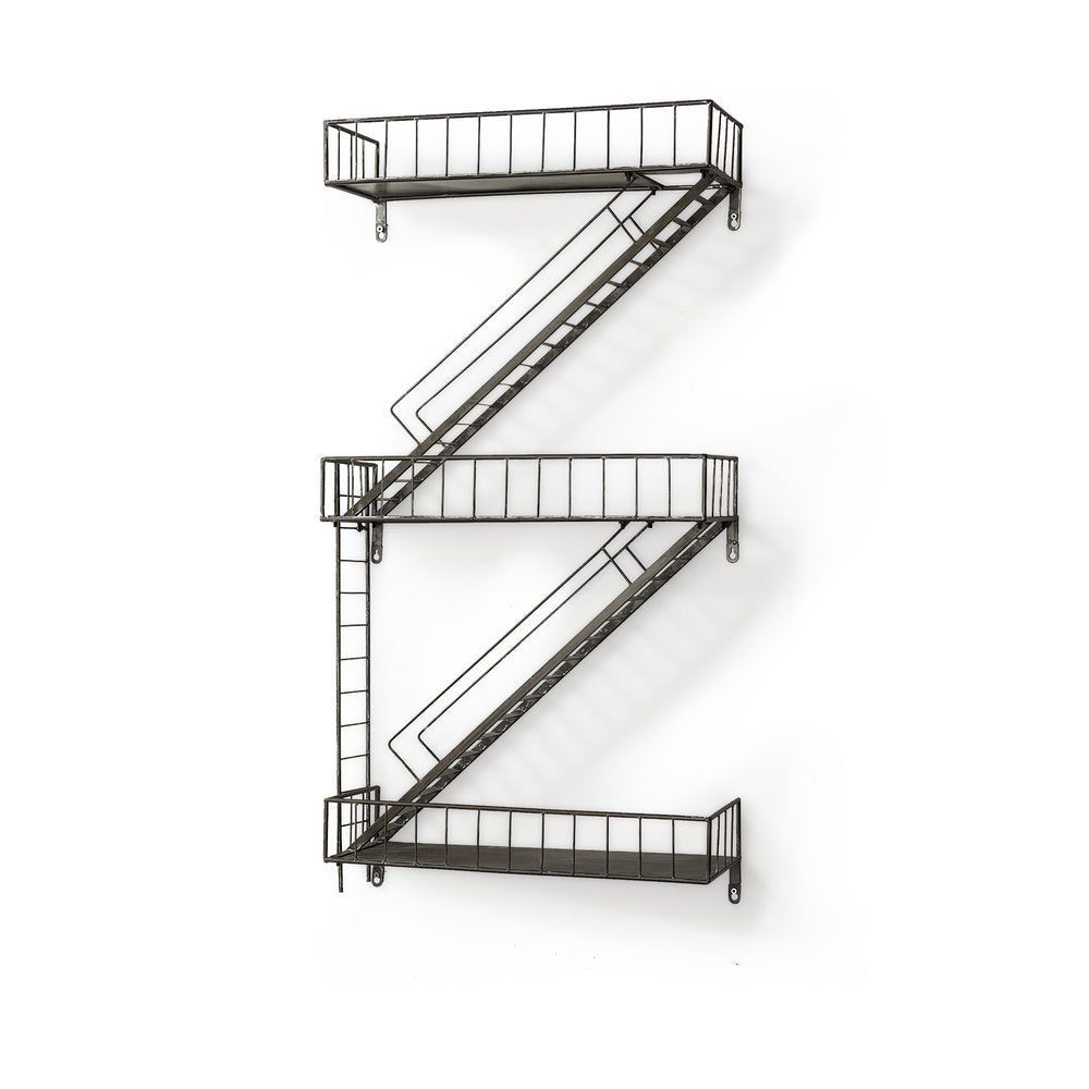 21" Gunmetal Gray Metal Novelty Wall Mounted Accent Shelf. Wall mounted shelve isolated on a plain white background, showing a gray metal surface.