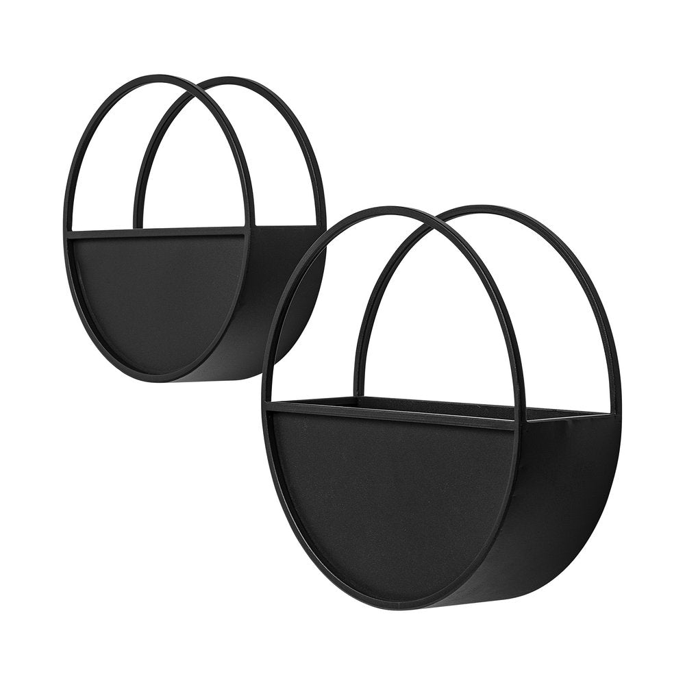 Two black metal round hanging planters with a matte finish on a white background.