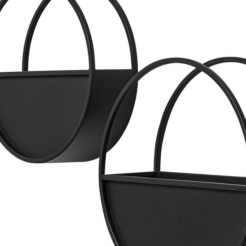 Set of Two Black Metal Round Hanging Planters on a white background