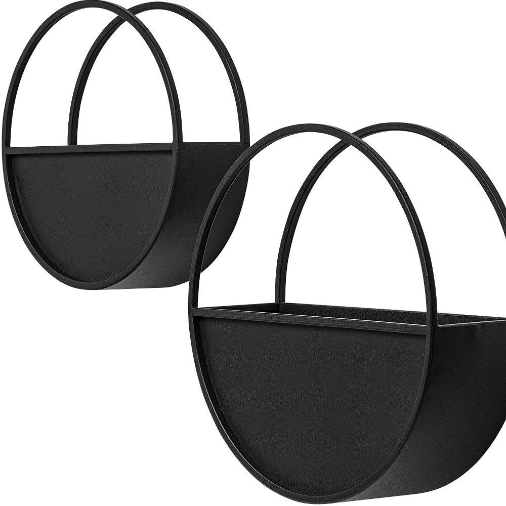 Set of Two Black Metal Round Hanging Planters on a white background