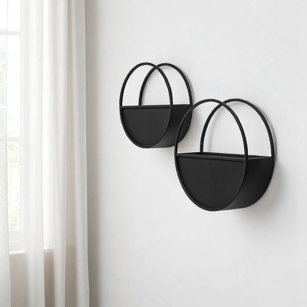 Set of Two Black Metal Round Hanging Planters on a white background