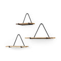 Set Of Three Black And Brown Metal And Solid Wood Triangle Wall Mounted Accent Shelves on a white background