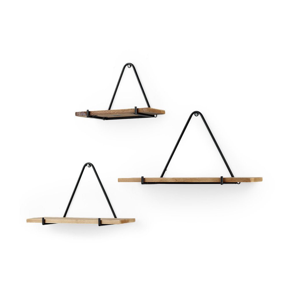 Three black metal and solid wood triangle wall shelves mounted on a white background.