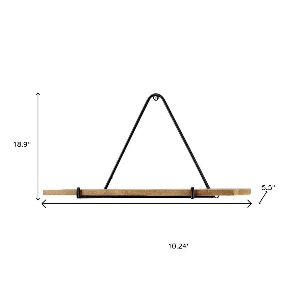 Set Of Three Black And Brown Metal And Solid Wood Triangle Wall Mounted Accent Shelves on a white background