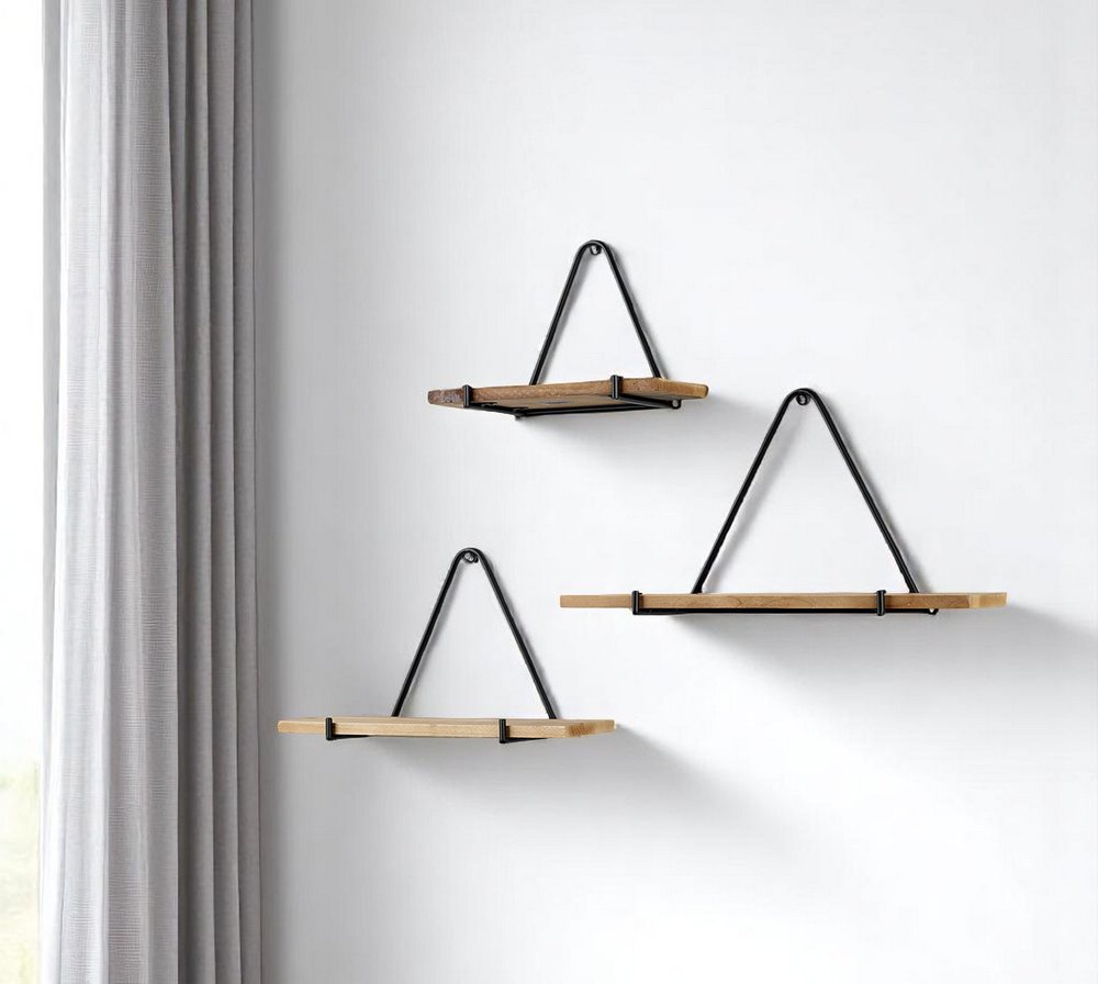 Set Of Three Black And Brown Metal And Solid Wood Triangle Wall Mounted Accent Shelves on a white background