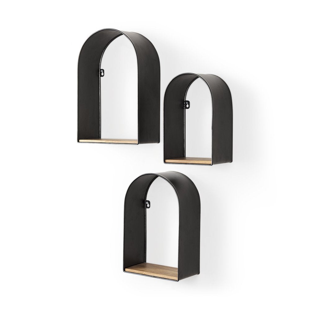 Set of three black metal arched wall shelves with solid wood bases mounted on a white wall.
