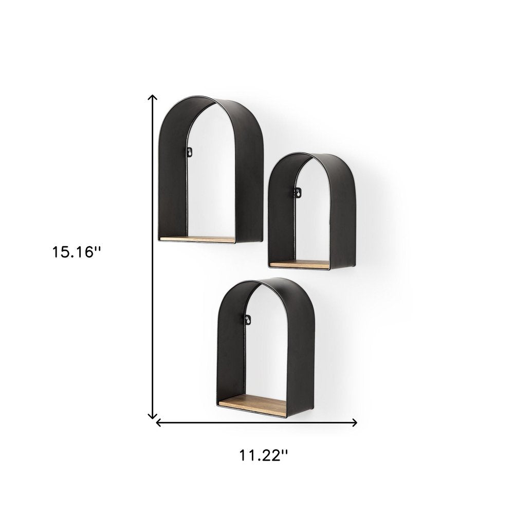 Set Of Three Black And Brown Metal And Solid Wood Arched Wall Mounted Accent Shelf