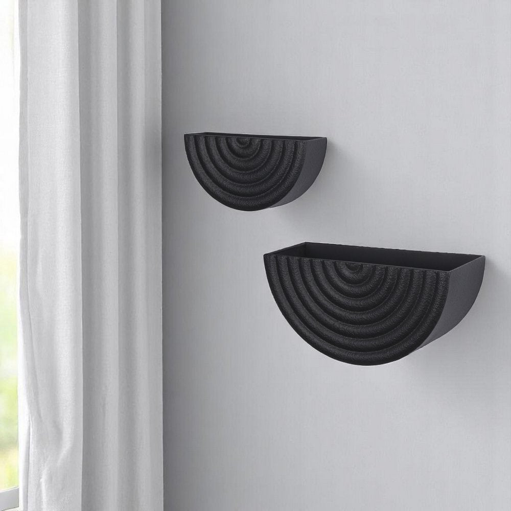 Set of Two Black Metal Geometric Half Moon Wall Planters on a white background