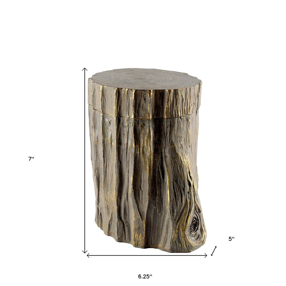 7" Brown And Gold Resin Modern Abstract Tree Stump Decorative Box