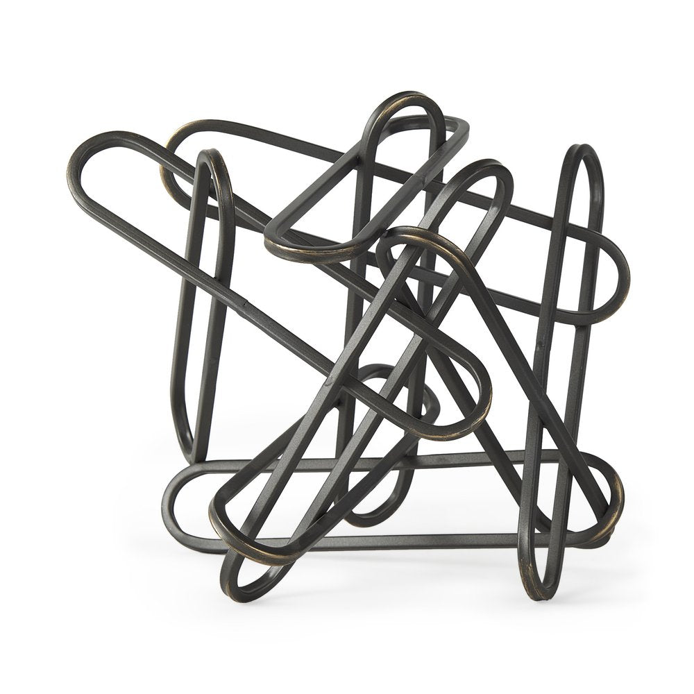 12" Black Metal Abstract Tabletop Sculpture. Sculpture isolated on a plain white background, in a black metal finish.