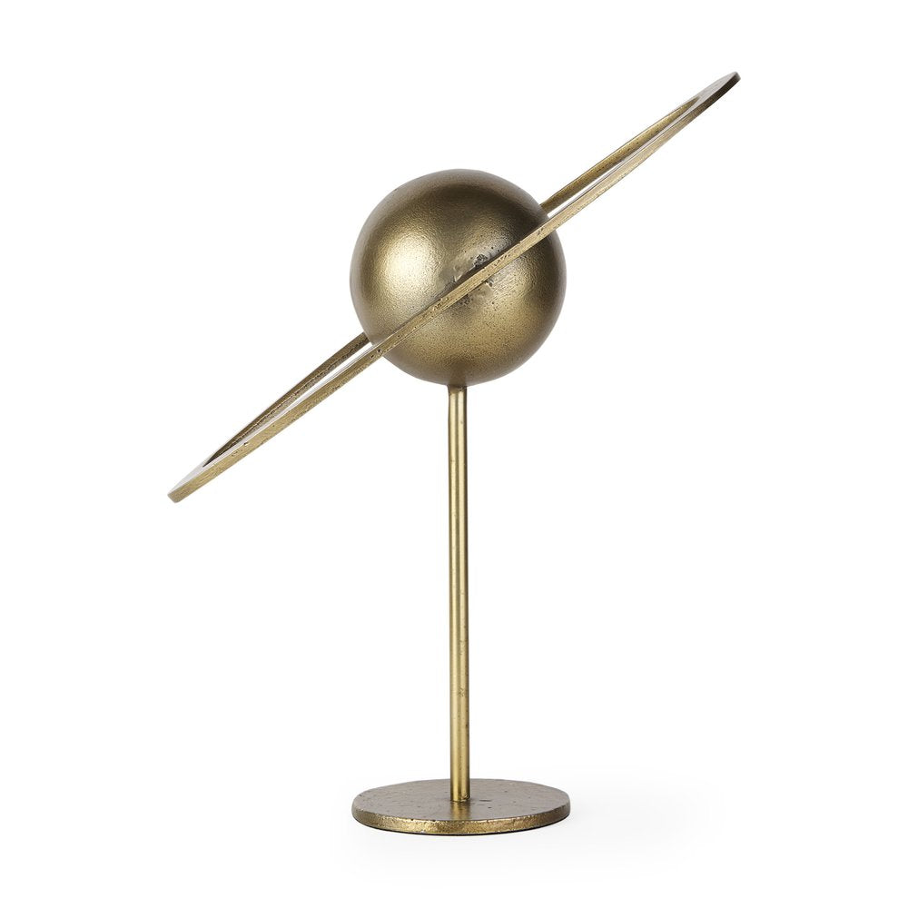 16" Gold Iron Solar System Tabletop Sculpture. Sculpture isolated on a plain white background, showing a gold metal surface.