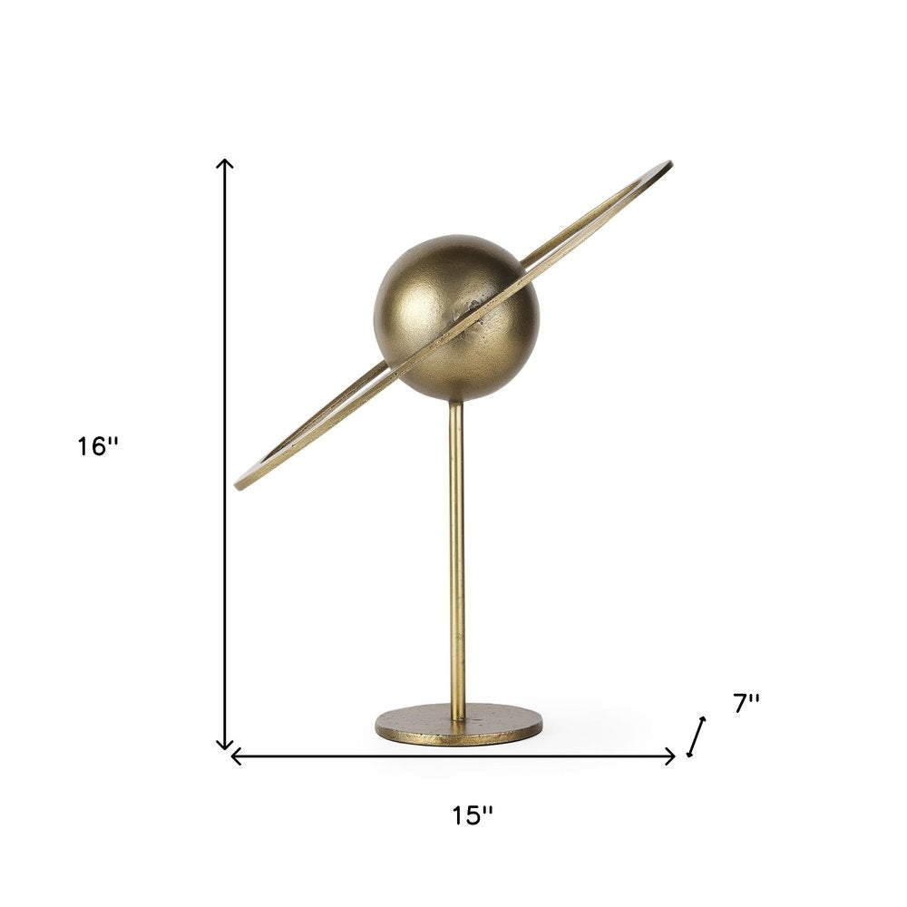 16" Gold Iron Solar System Tabletop Sculpture. Sculpture isolated on a plain white background, in a gold metal finish.