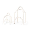 Set of Two White Iron Modern Abstract Tabletop Sculptures on a white background