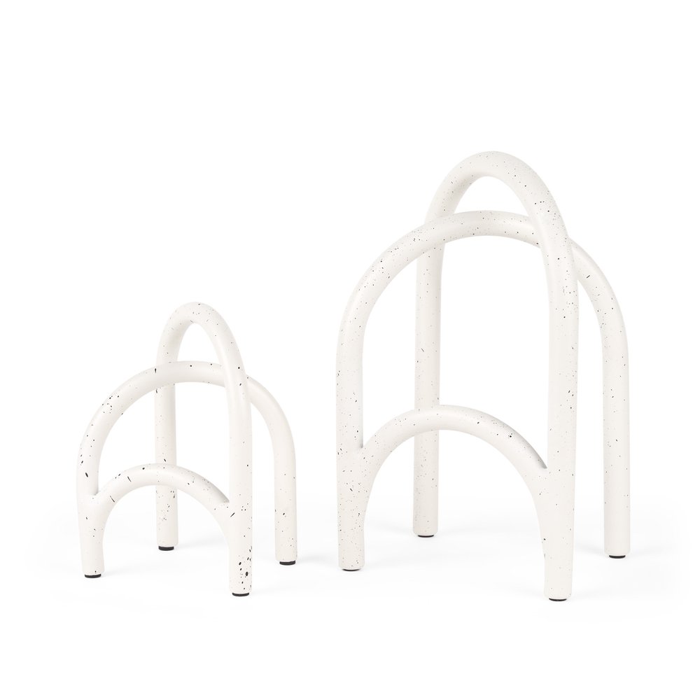 Set of Two White Iron Modern Abstract Tabletop Sculptures on a white background