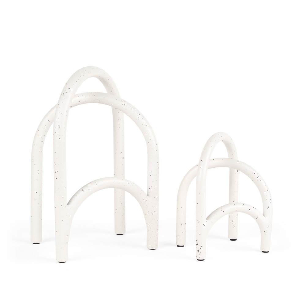 Set of Two White Iron Modern Abstract Tabletop Sculptures on a white background