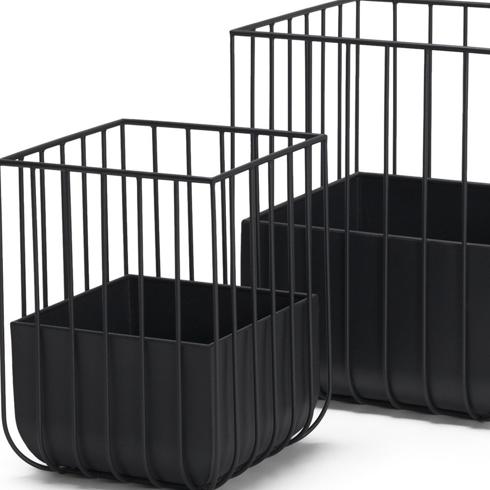 Set of Two Black Metal Wire Cage Square Pot Planters on a white background