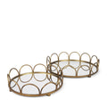 Set of Two Antiqued Gold Metal And Mirrored Glass Round Vanity Trays on a white background