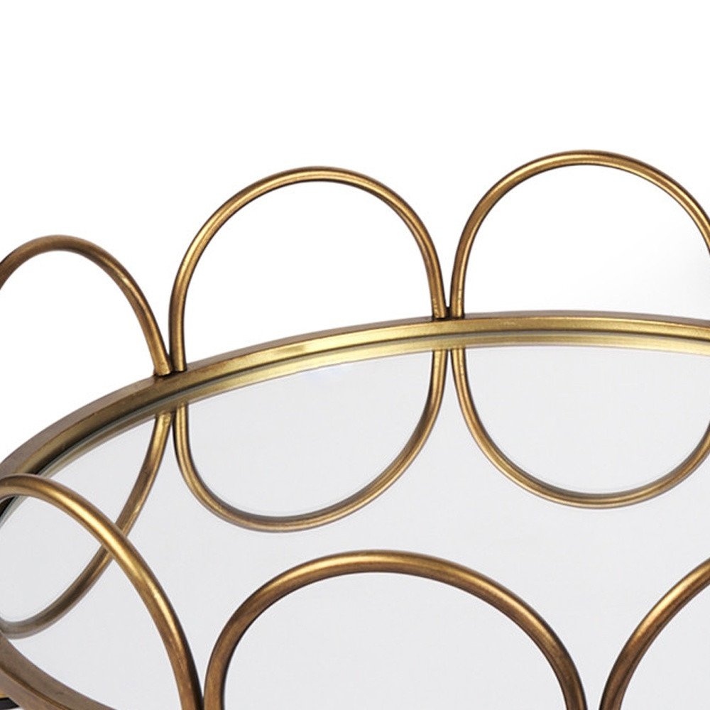 Set of Two Antiqued Gold Metal And Mirrored Glass Round Vanity Trays