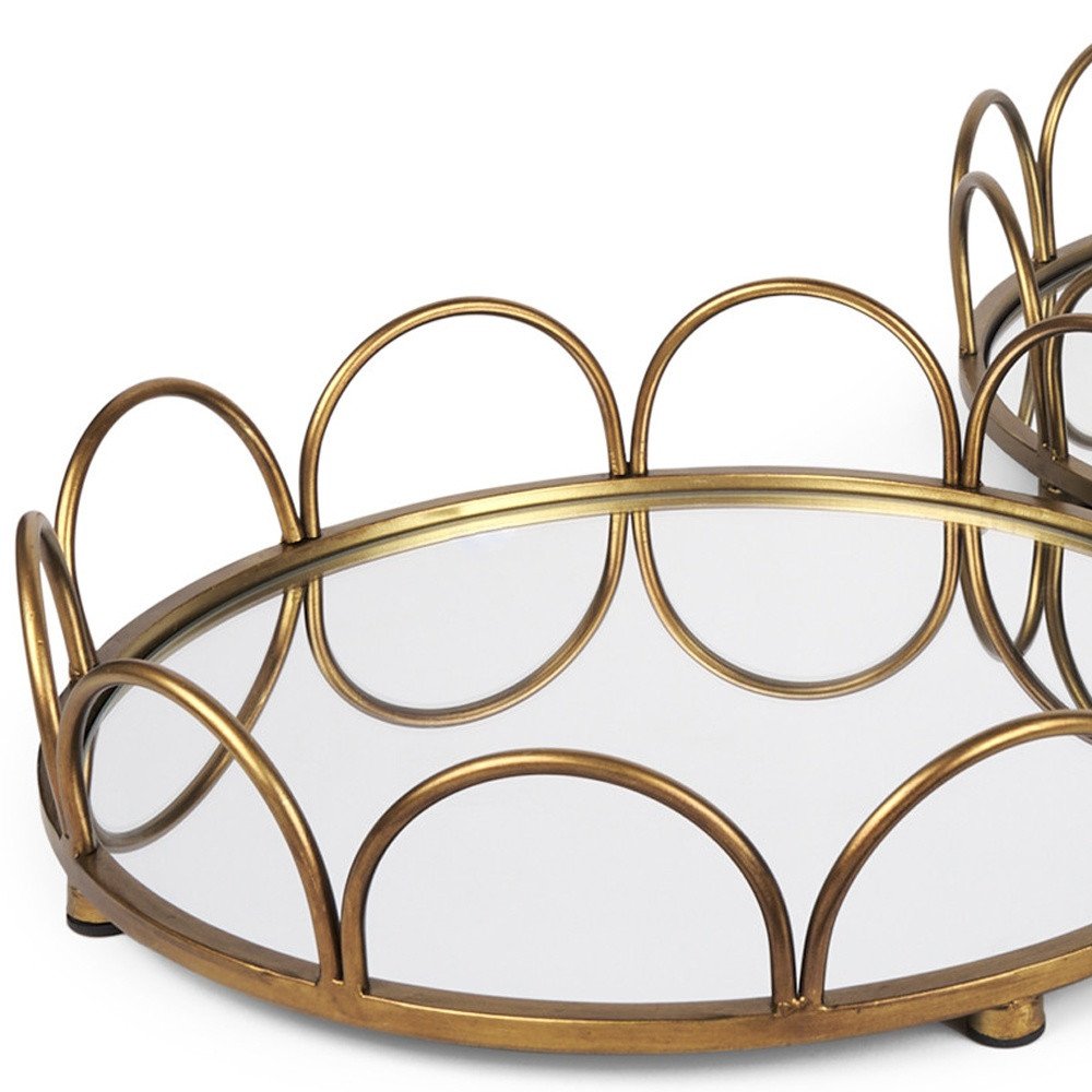 Set of Two Antiqued Gold Metal And Mirrored Glass Round Vanity Trays