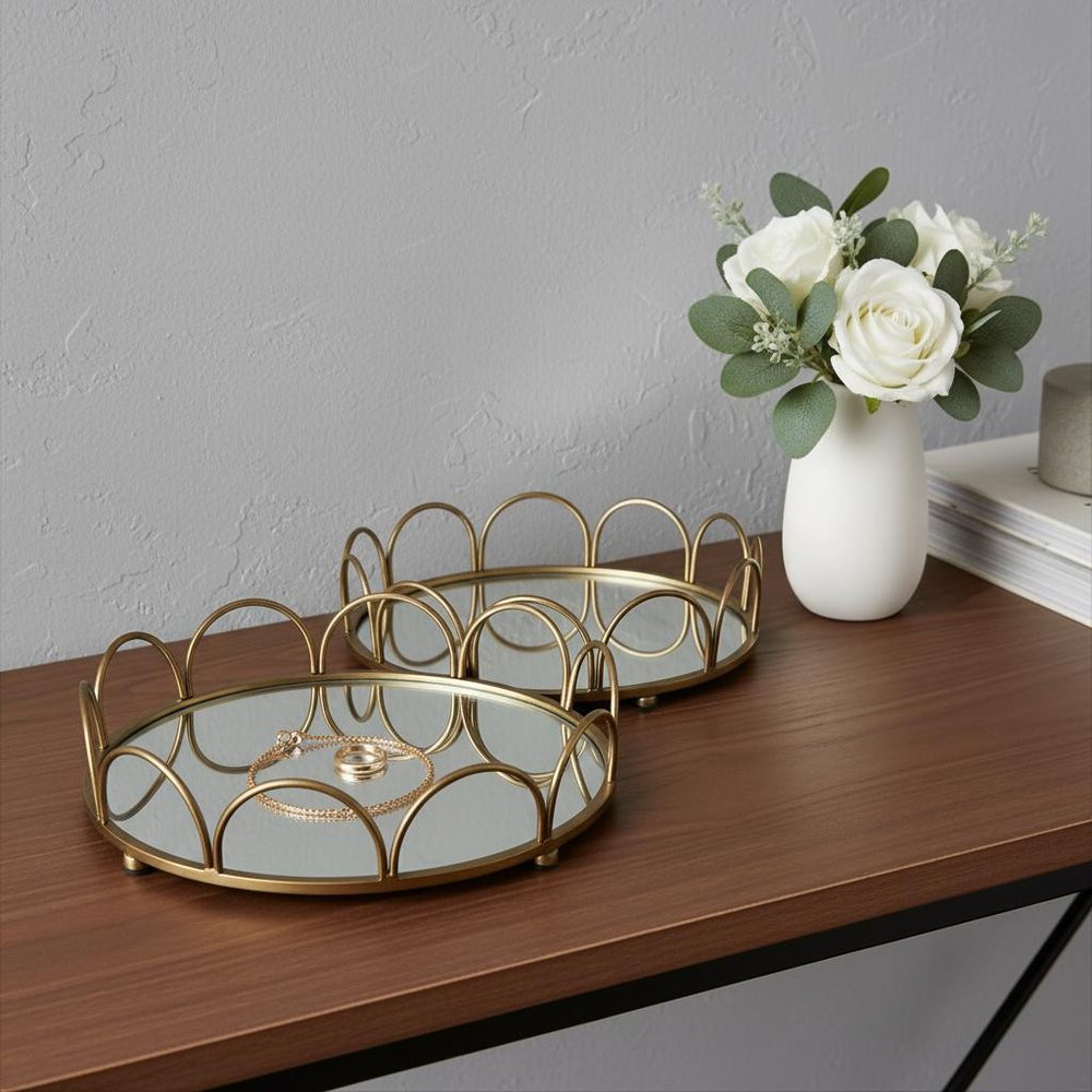 Set of Two Antiqued Gold Metal And Mirrored Glass Round Vanity Trays