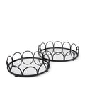 Set of Two Black And Silver Metal And Mirrored Glass Round Vanity Trays on a white background