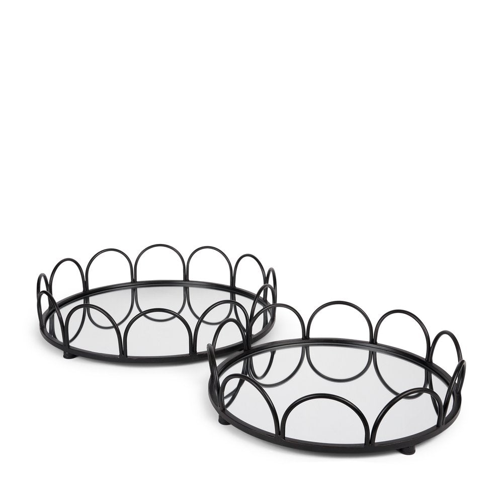 Set of Two Black And Silver Metal And Mirrored Glass Round Vanity Trays on a white background