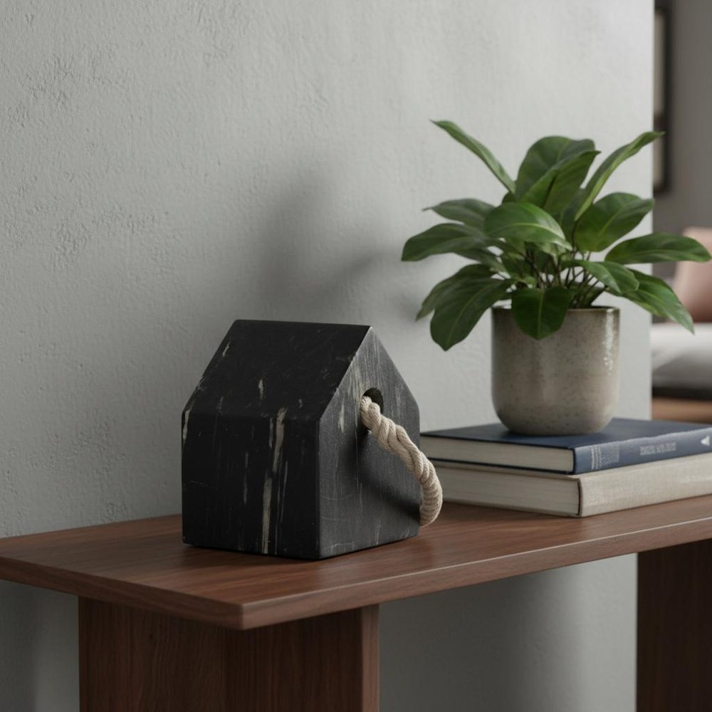 5" Black Marble Tabletop Sculpture displayed on a tabletop in a furnished interior against a light gray wall.