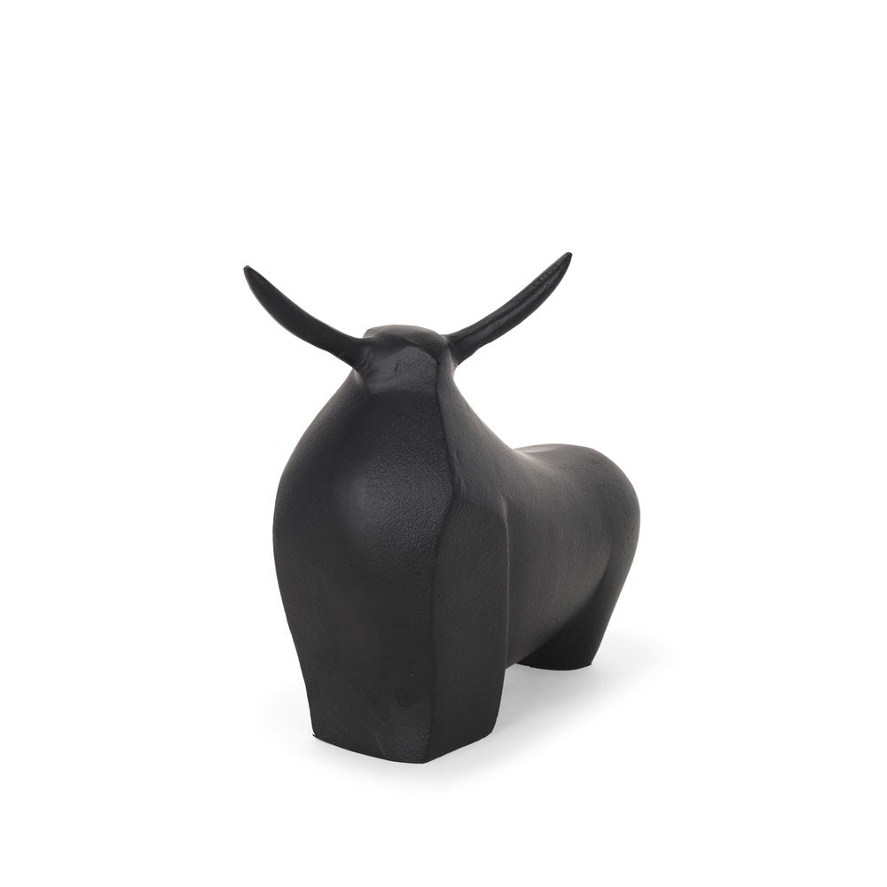 11" Black Aluminum Bull Tabletop Sculpture. Sculpture isolated on a plain white background, finished in black metal.