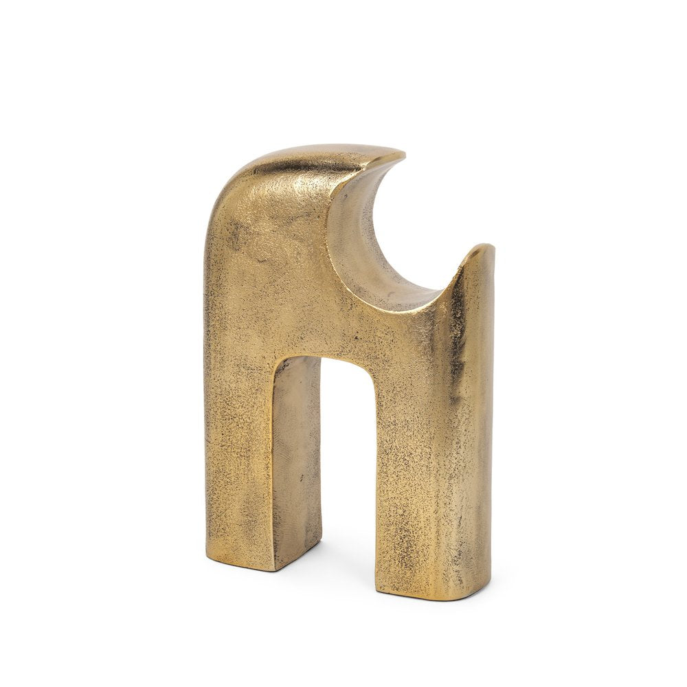 11" Antiqued Brass Aluminum Modern Abstract Tabletop Sculpture. Sculpture isolated on a plain white background, showing a metal surface.